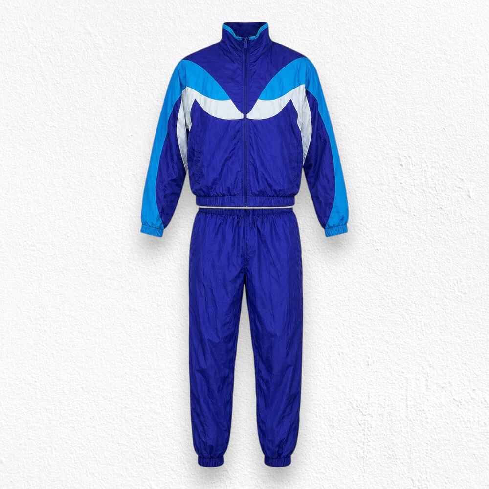 Vintage 90s Colorblock Tracksuit Set Blue White Nylon Windbreaker Size Medium